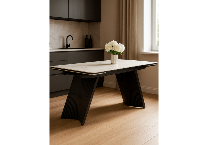 Керамический стол Вейв 160(220)х89 белый с прожилками gilt white / черный (89x75)