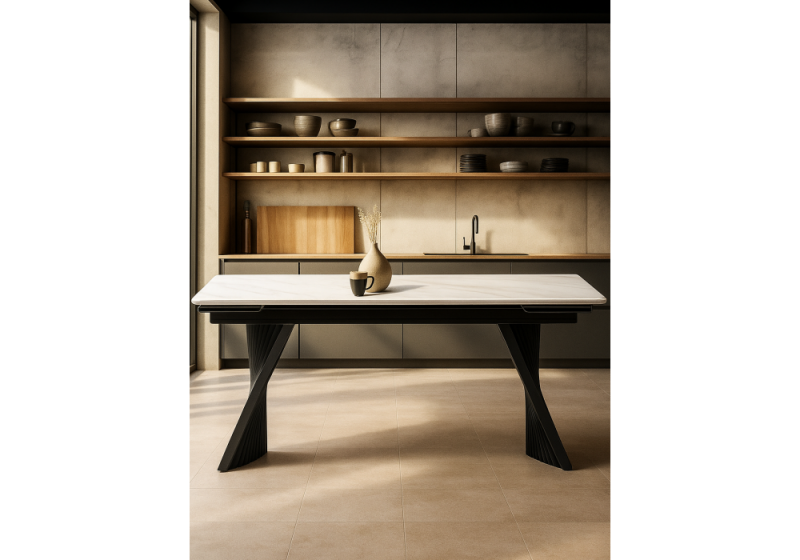 Керамический стол Вейв 160(220)х89х75 белый мрамор snow white / черный (89x75)
